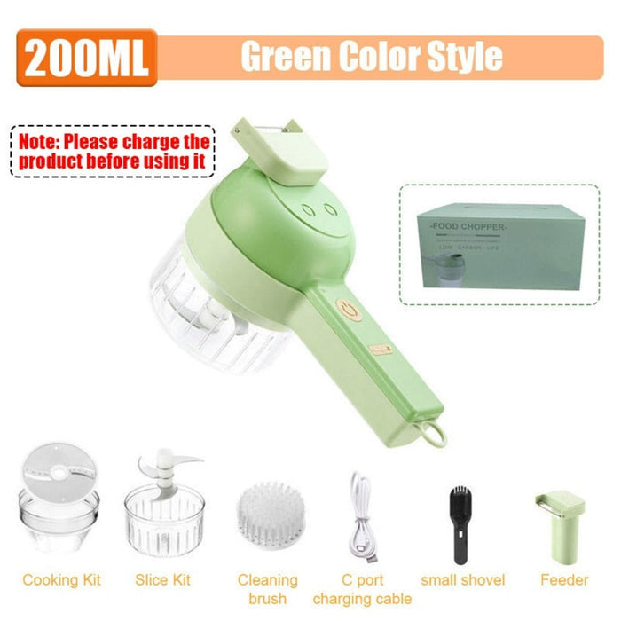 Electric Handheld Vegetable Slicer with 4 Interchangeable Blades, Portable Design: light green, white compact food chopper/gr