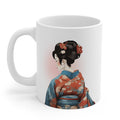 Elegant Geisha Kimono Mug: white, red-orange illustrated woman in traditional Japanese-style clothing, stylized Japanese-insp