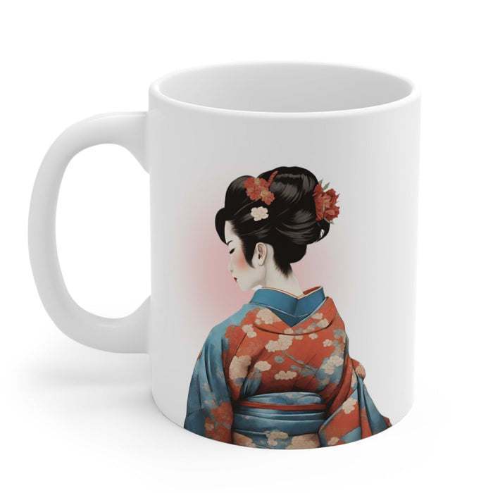 Elegant Geisha Kimono Mug: white, red-orange illustrated woman in traditional Japanese-style clothing, stylized Japanese-insp