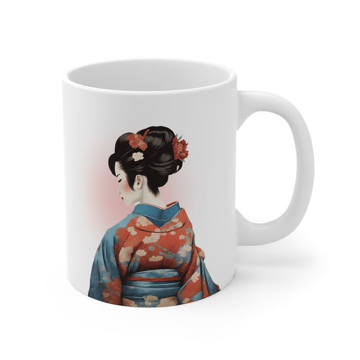 Elegant Geisha Kimono Mug: white, red-orange illustrated woman in traditional Japanese-style clothing, stylized Japanese-insp