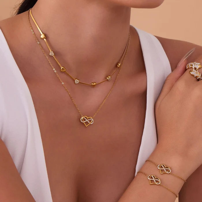 Elegant Gold-Plated Heart Necklace & Bracelet Set