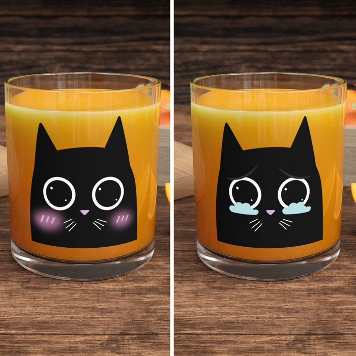 Emotive Feline Mug Set (2 Pieces): clear, orange black cat character, kawaii cartoon style