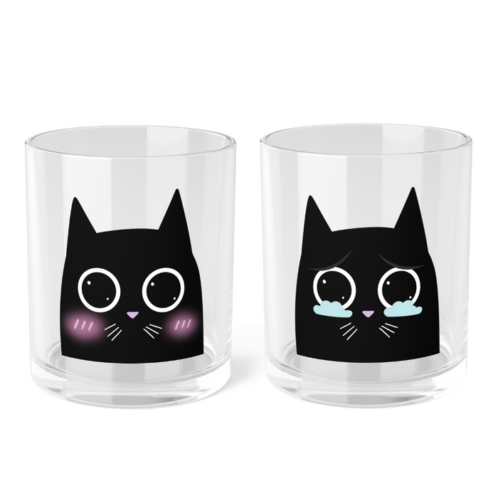 Emotive Feline Mug Set (2 Pieces): clear, orange black cat character, kawaii cartoon style