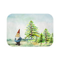 Enchanted Forest Gnome Bath Mat for Home Décor: light blue, white gnome in a snowy pine forest, whimsical watercolor illustra