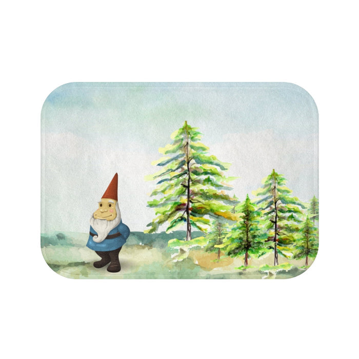Enchanted Forest Gnome Bath Mat for Home Décor: light blue, white gnome in a snowy pine forest, whimsical watercolor illustra