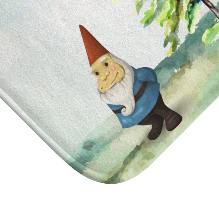 Enchanted Forest Gnome Bath Mat for Home Décor: light blue, white gnome in a snowy pine forest, whimsical watercolor illustra