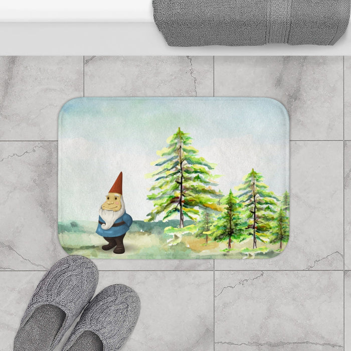Enchanted Forest Gnome Bath Mat for Home Décor: light blue, white gnome in a snowy pine forest, whimsical watercolor illustra
