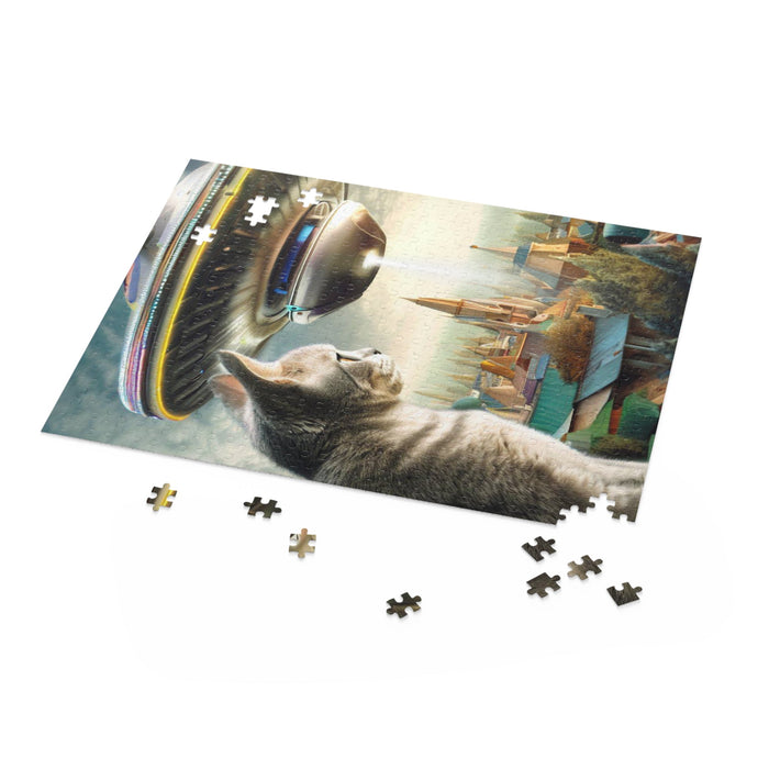 Encounter with Astrocat 500-Piece Jigsaw Puzzle: gray, beige gray tabby cat and flying saucer over a fantasy city, surreal fa