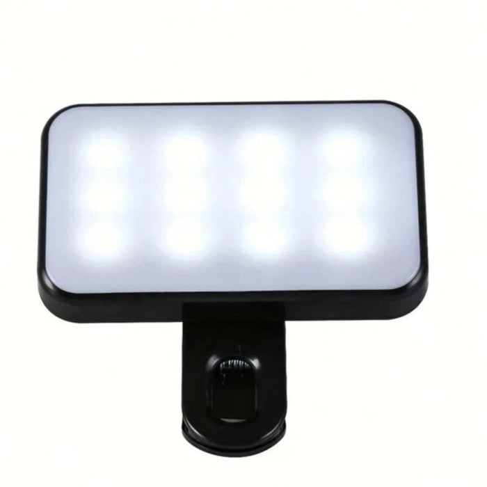 Enhanced LED Selfie Light Clip with High Brightness: white, black clip-on LED light, minimal style