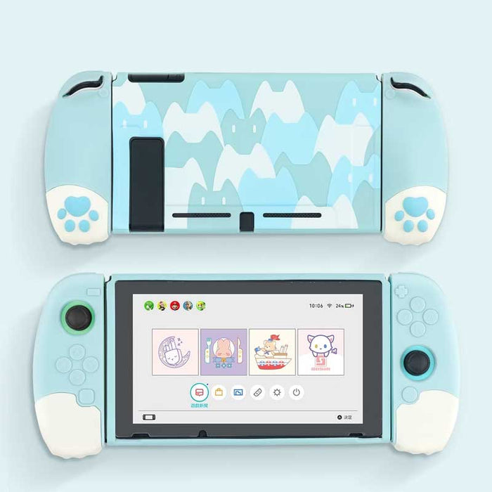 Ergonomic Cat Switch Case: Complete Protection: light blue, white pastel mountain landscape and cute character theme, kawaii