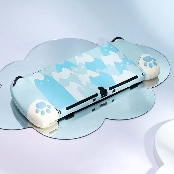 Ergonomic Cat Switch Case: Complete Protection: light blue, white pastel mountain landscape and cute character theme, kawaii