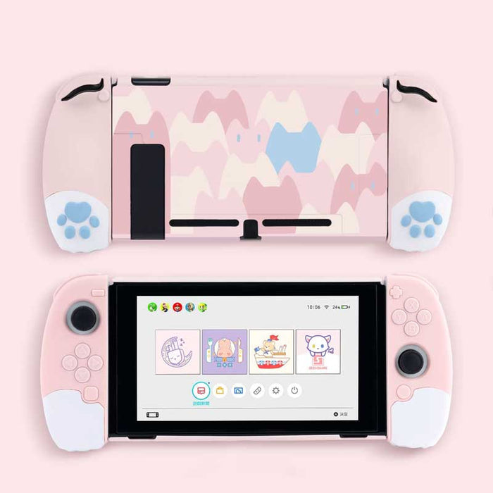 Ergonomic Cat Switch Case: Complete Protection: light blue, white pastel mountain landscape and cute character theme, kawaii