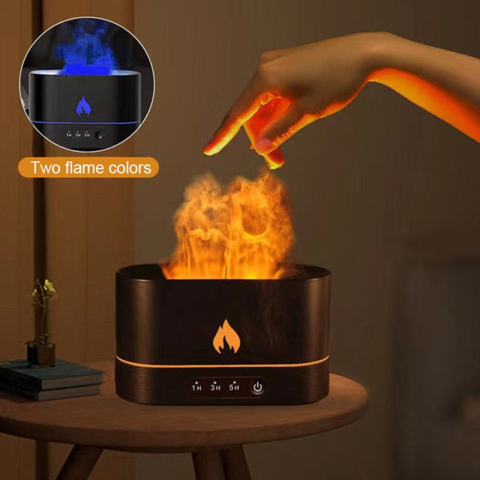 Essential Oil Diffuser with Fiery Effect and Timer: white, black flame-effect device, minimal modern style
