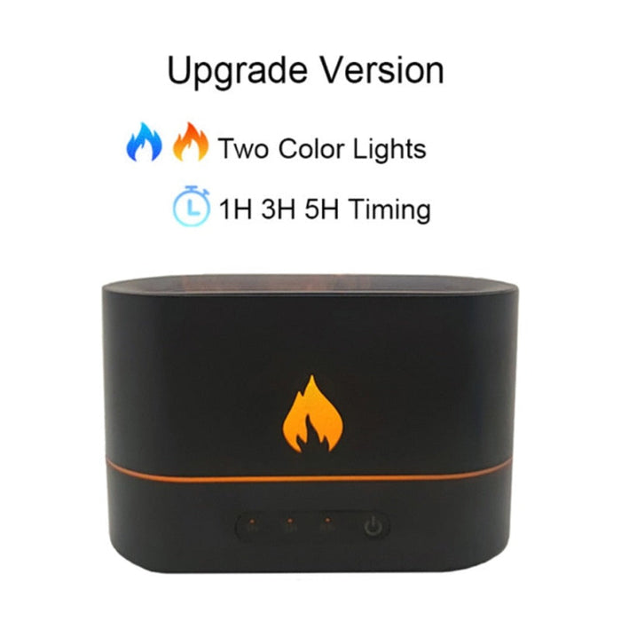 Essential Oil Diffuser with Fiery Effect and Timer: white, black flame-effect device, minimal modern style