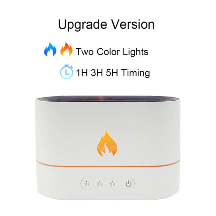 Essential Oil Diffuser with Fiery Effect and Timer: white, black flame-effect device, minimal modern style