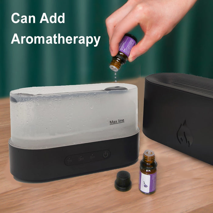 Essential Oil Diffuser with Fiery Effect and Timer: white, black flame-effect device, minimal modern style