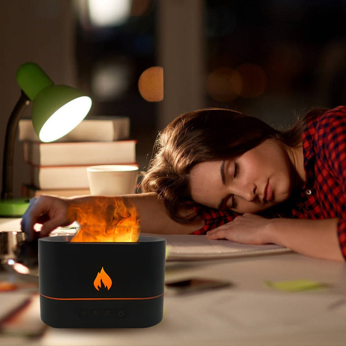 Essential Oil Diffuser with Fiery Effect and Timer: white, black flame-effect device, minimal modern style