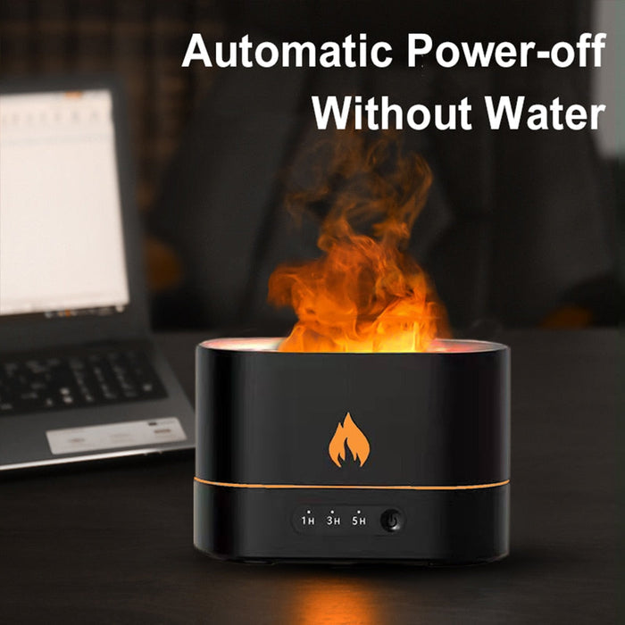 Essential Oil Diffuser with Fiery Effect and Timer: white, black flame-effect device, minimal modern style