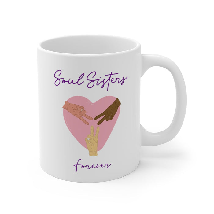 Eternal Bond Mug: white, purple Soul Sisters friendship theme, minimal illustrated typography style