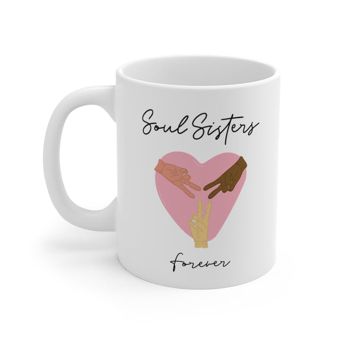 Eternal Bond Mug: white, purple Soul Sisters friendship theme, minimal illustrated typography style