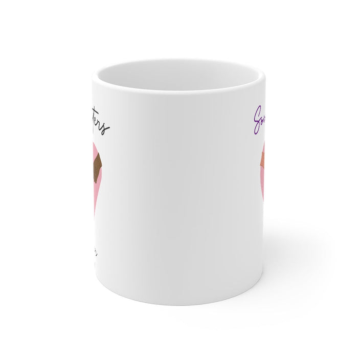 Eternal Bond Mug: white, purple Soul Sisters friendship theme, minimal illustrated typography style
