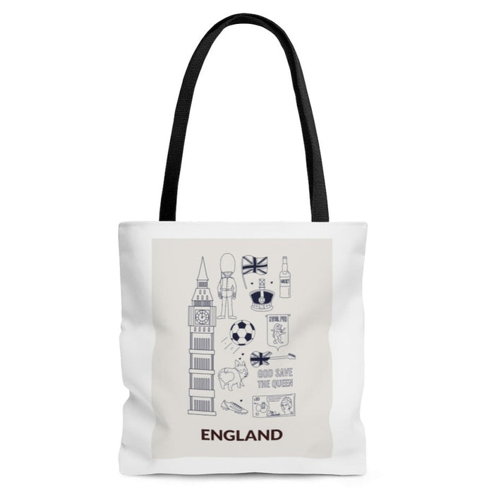 Everyday Shopper Tote Bag Medium Featuring Symbols of ENGLAND: white, black England theme, minimal graphic souvenir-style sty