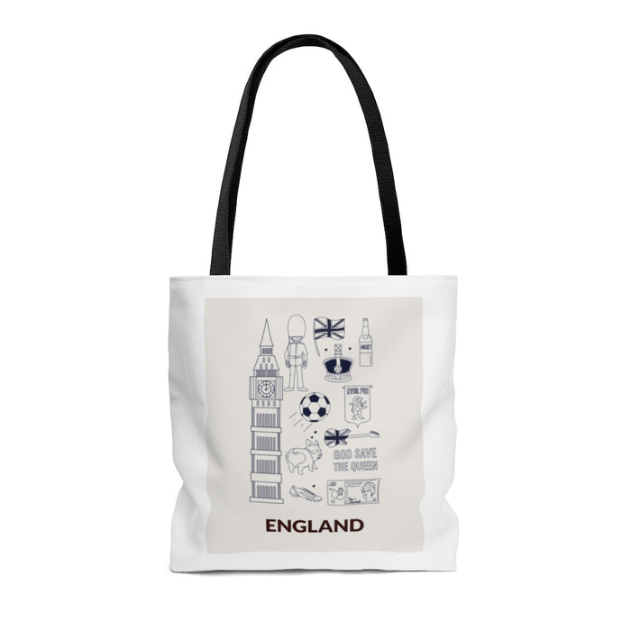 Everyday Shopper Tote Bag Medium Featuring Symbols of ENGLAND: white, black England theme, minimal graphic souvenir-style sty