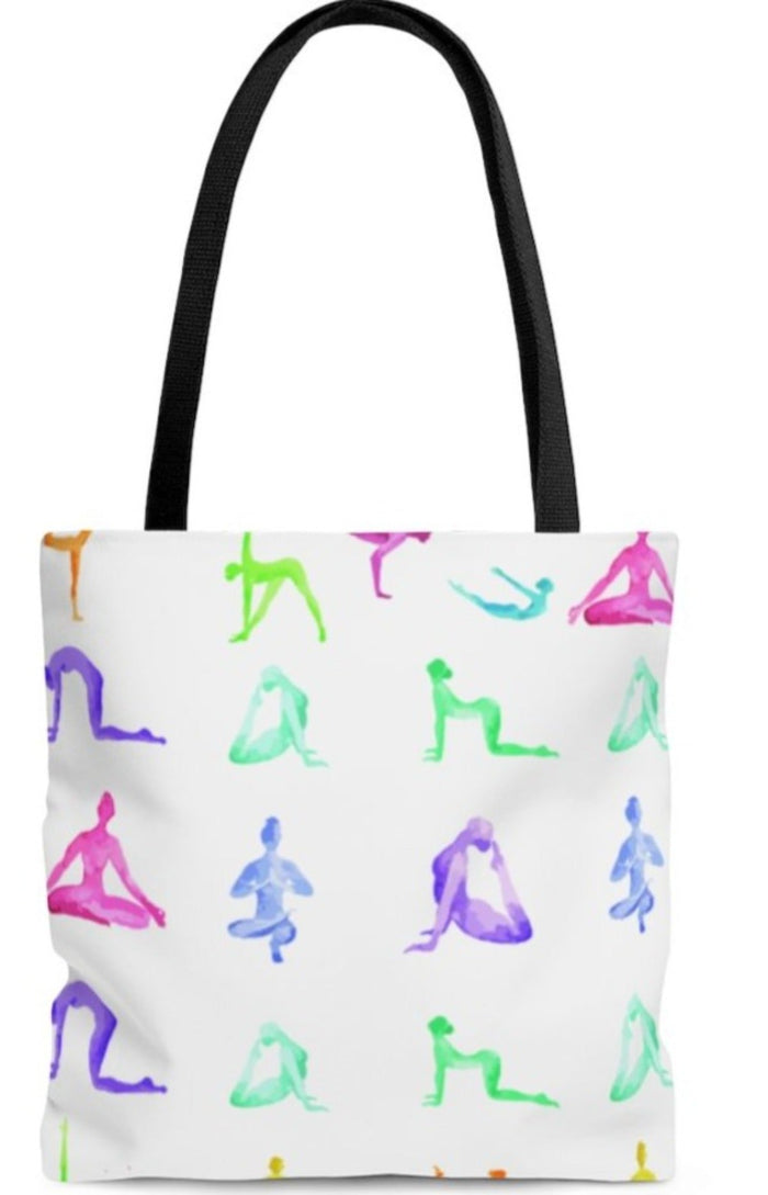 Everyday Yoga Retreat Medium Tote Bag: white, black yoga poses/figures, colorful graphic pattern style