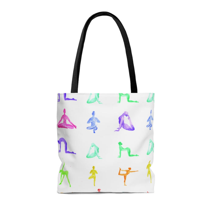Everyday Yoga Retreat Medium Tote Bag: white, black yoga poses/figures, colorful graphic pattern style
