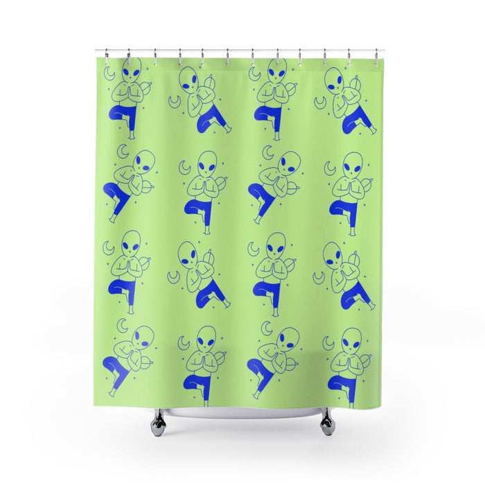 Extraterrestrial Yoga Bathroom Drapes: lime green, blue cartoon aliens, cartoon, playful style