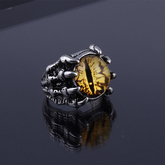 Eye-Emblazoned Claw Ring: silver, amber yellow dragon/claw motif, fantasy gothic style