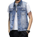 Faded Denim Men's Buttoned Vest: light blue, blue sleeveless denim vest, casual style