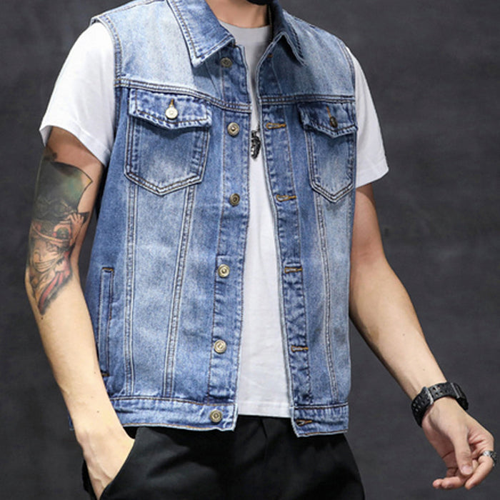 Faded Denim Men's Buttoned Vest: light blue, blue sleeveless denim vest, casual style