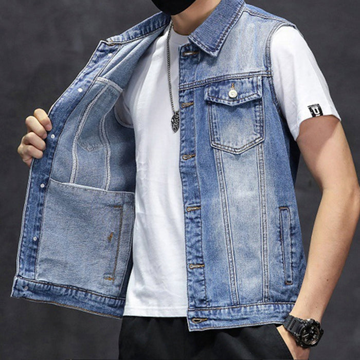 Faded Denim Men's Buttoned Vest: light blue, blue sleeveless denim vest, casual style