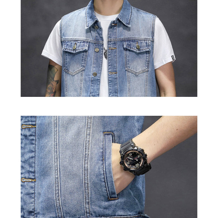 Faded Denim Men's Buttoned Vest: light blue, blue sleeveless denim vest, casual style