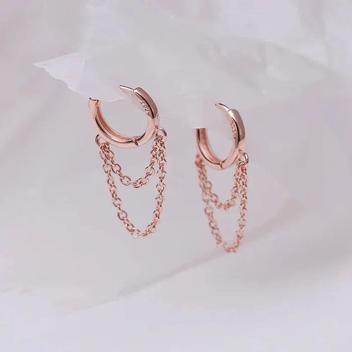 Fashion Earrings with Dual Hoops and Tassels: rose gold, pale pink pair of hoop earrings, minimal style
