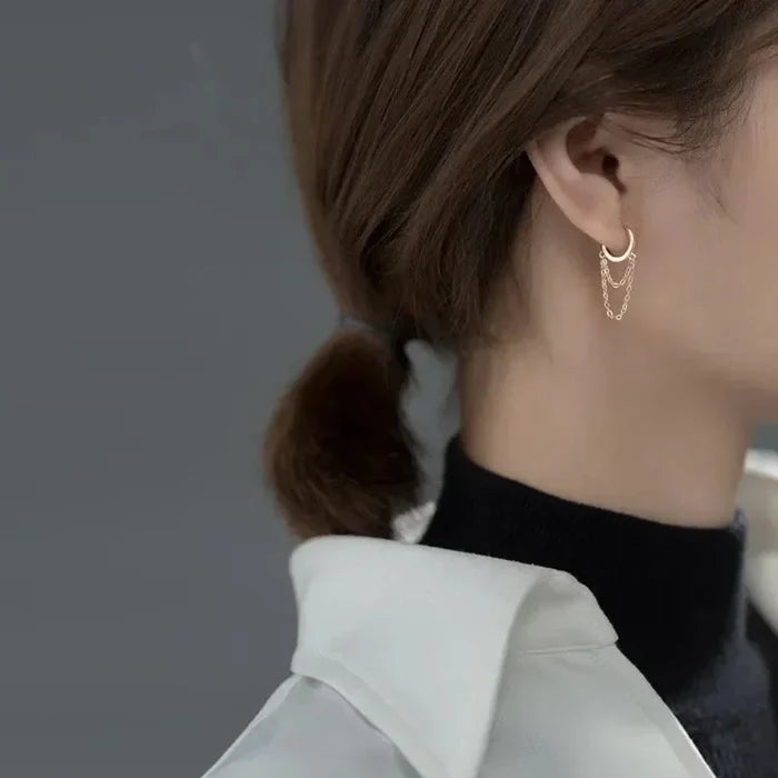 Fashion Earrings with Dual Hoops and Tassels: rose gold, pale pink pair of hoop earrings, minimal style