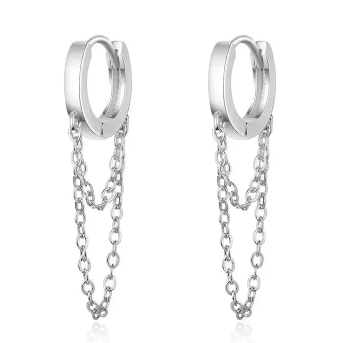 Fashion Earrings with Dual Hoops and Tassels: rose gold, pale pink pair of hoop earrings, minimal style