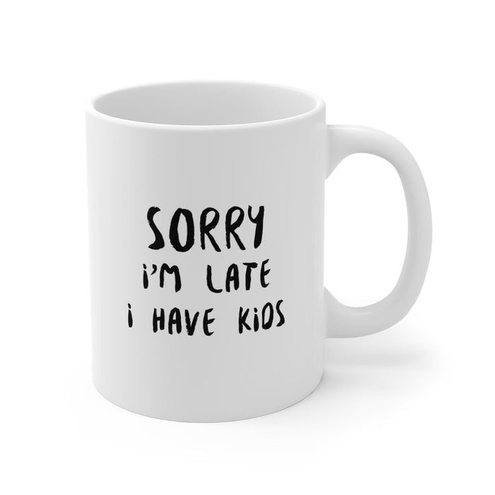 Fashionably Tardy Coffee Cup: white, black mug, minimal typography style