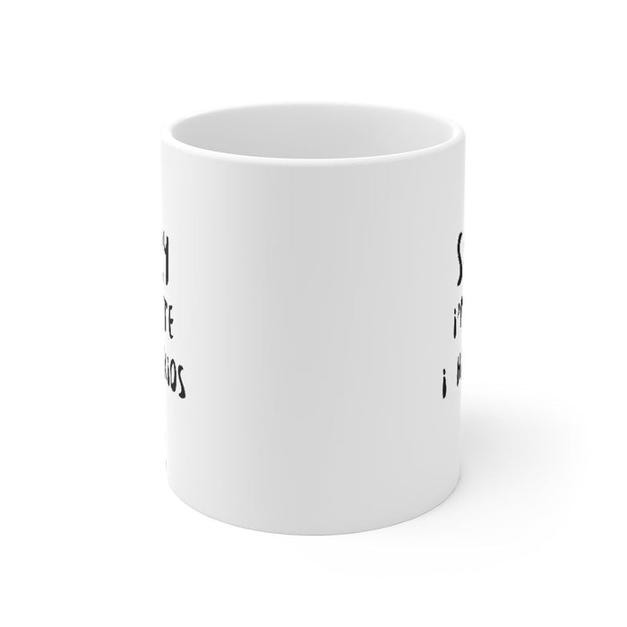 Fashionably Tardy Coffee Cup: white, black mug, minimal typography style