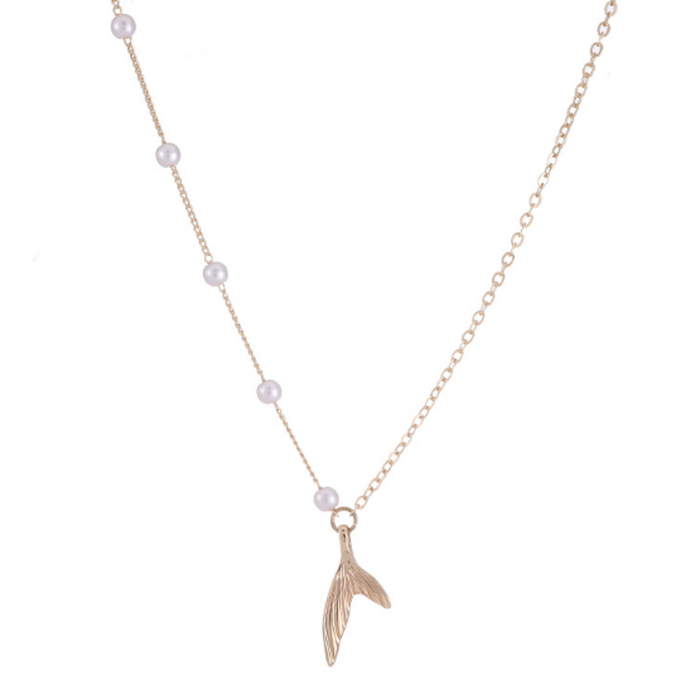 Faux Beaded Pearls Mermaid Necklace for Women: gold, white leaf, delicate minimal style