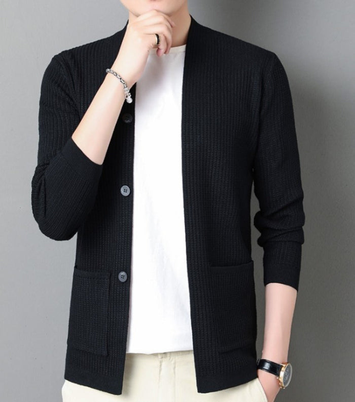 Faux Button Design Men's Casual Open Cardigan: black, white button-front cardigan, minimal casual style