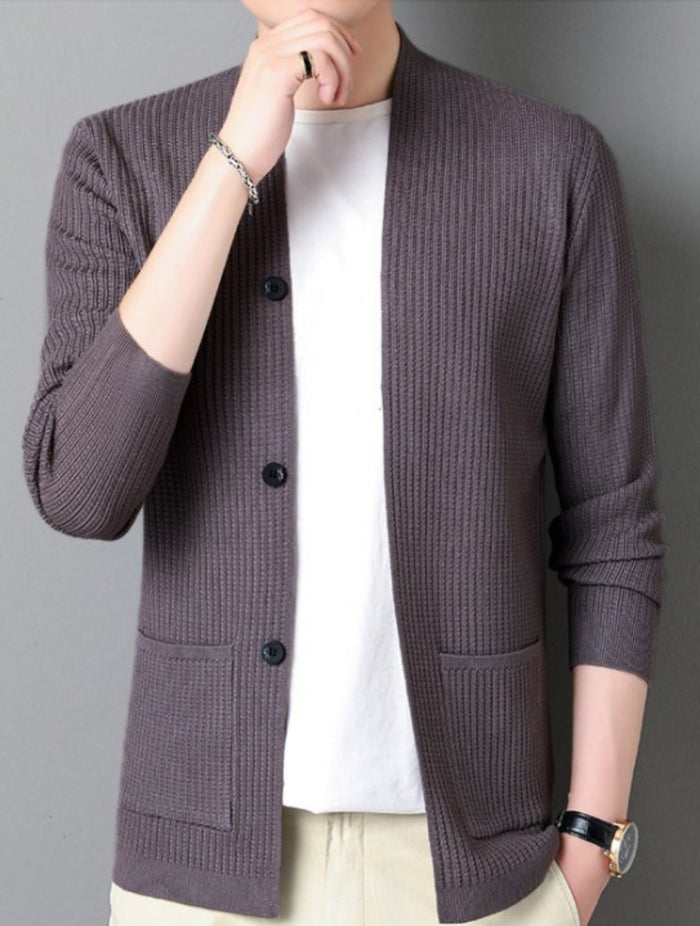 Faux Button Design Men's Casual Open Cardigan: black, white button-front cardigan, minimal casual style