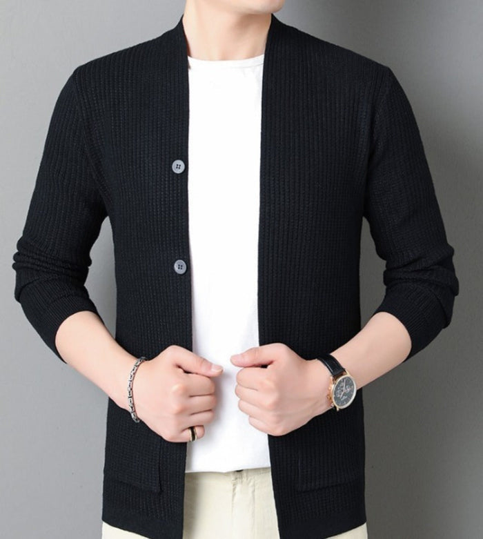 Faux Button Design Men's Casual Open Cardigan: black, white button-front cardigan, minimal casual style