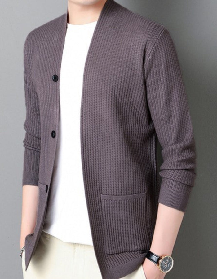 Faux Button Design Men's Casual Open Cardigan: black, white button-front cardigan, minimal casual style