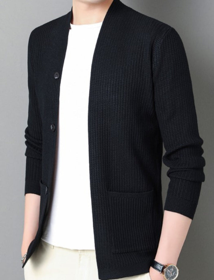 Faux Button Design Men's Casual Open Cardigan: black, white button-front cardigan, minimal casual style