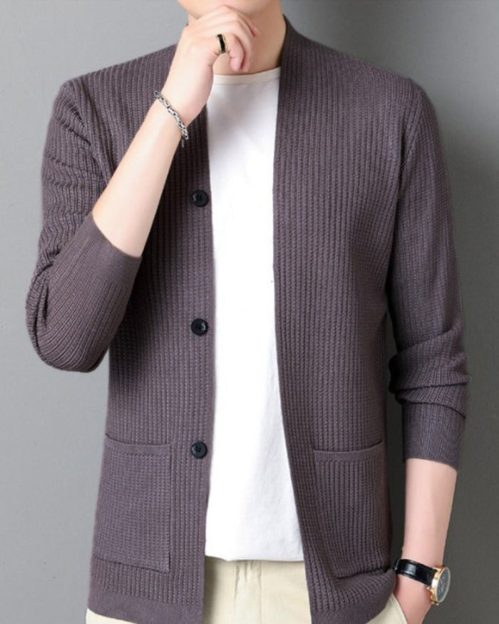 Faux Button Design Men's Casual Open Cardigan: black, white button-front cardigan, minimal casual style