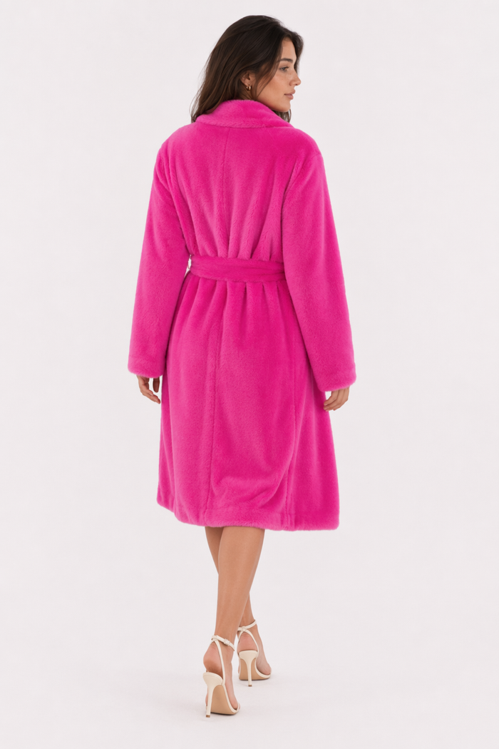 Faux Fur Belted Trench Coat for Women Pink