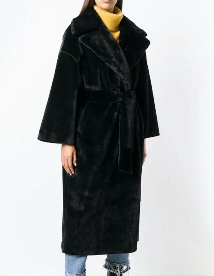 Faux Fur Belted Trench Coat for Women: black, yellow long belted coat, minimal style