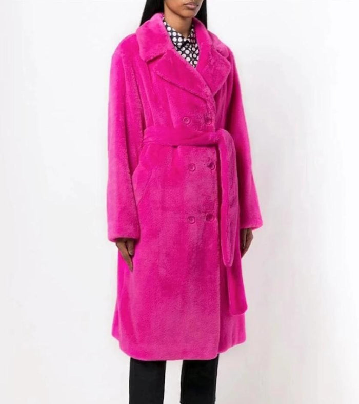 Faux Fur Belted Trench Coat for Women: black, yellow long belted coat, minimal style